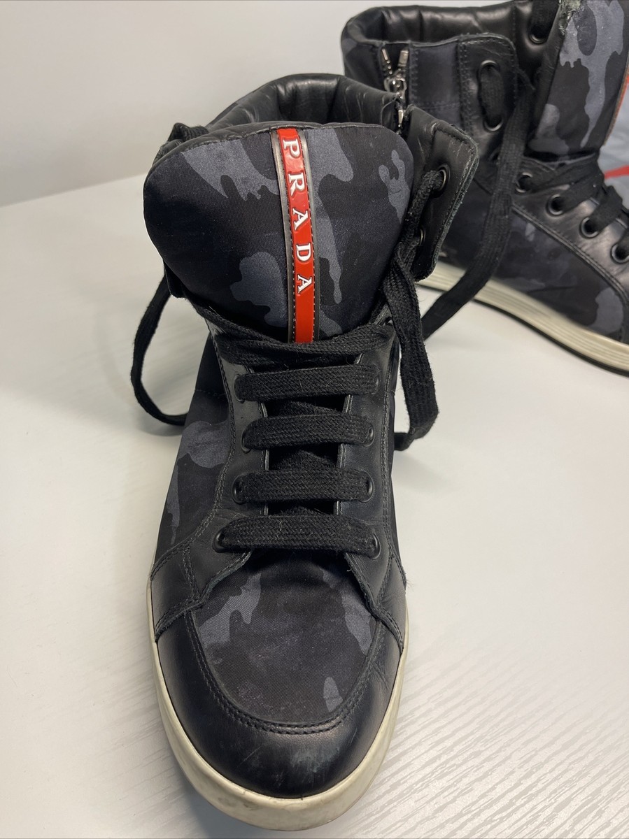 PRADA Sneakers High Top shoes Mens Camouflage Grey Black 