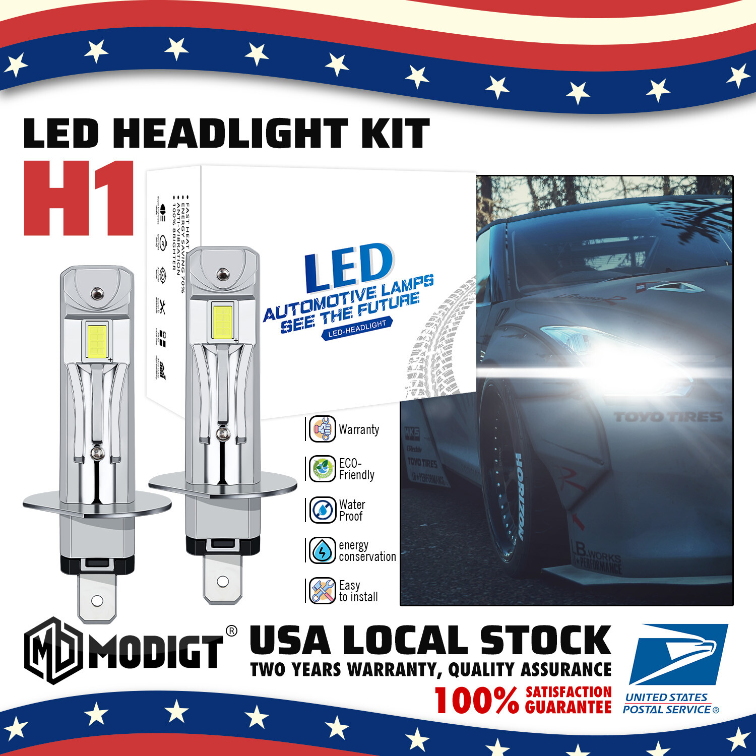 Car's H1 LED Headlight Bulb Kit High Beam 6000K Cool White Bulbs Bright Lamp 2x