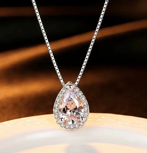 Crystal Water Tear Drop Pendant Necklace 925 Sterling Silver Women Jewellery UK