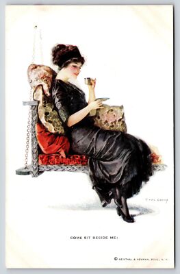 F Earl Christy~Lovely Lady in Black on Porch Swing~Come Sit Beside Me~Tea Cup