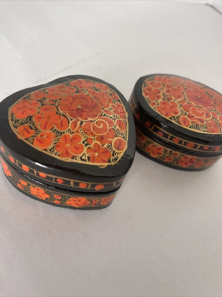 Kashmiri Trinket Boxes Lacquered Floral Paper Mache Heart Oval Set Of 2 India - Image 2 of 4