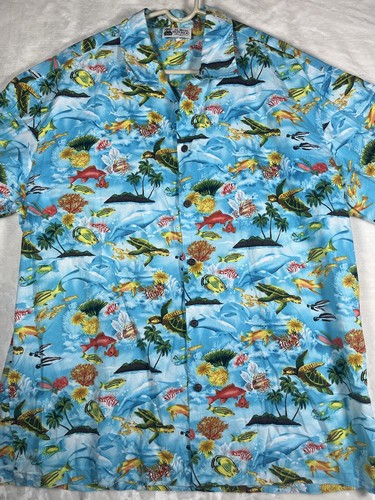Aloha Republic Mens XL Shirt Blue Hawaiian Turtle Fish Tropical Palm Button Up - Picture 15 of 16
