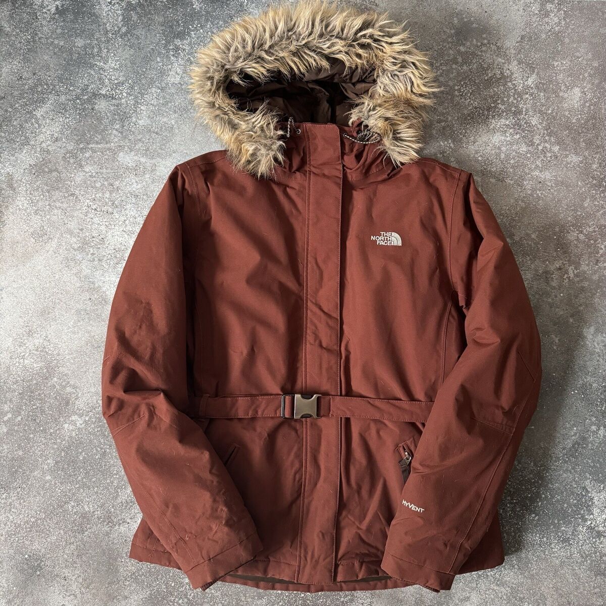 The North Face Vintage Fur Hooded Woman's Down Belted Jacket The North Face Vintage Fur Hooded Woman's Down Belted Jacket