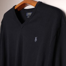 Ralph Lauren Men's Pima Cotton Long Sleeve Jumper Navy V Neck Blue Pony Golf