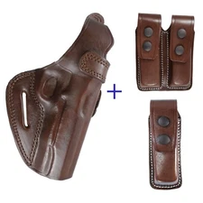 Real Leather Belt Scabbard Style Gun Holster With Magazine Pouch (Dark Brown)