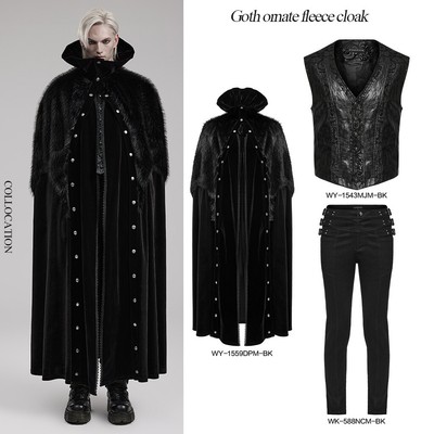 Punk Rave Men Black Retro Gothic Ornate Velvet Plush Splicing Long Thick Cloak