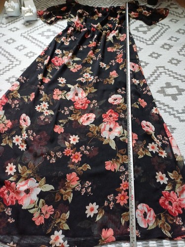 Black Vintage 🌹 Roses Floral Ruffle Chiffon Lined Maxi Dress 👗10 12 S M - Picture 5 of 8