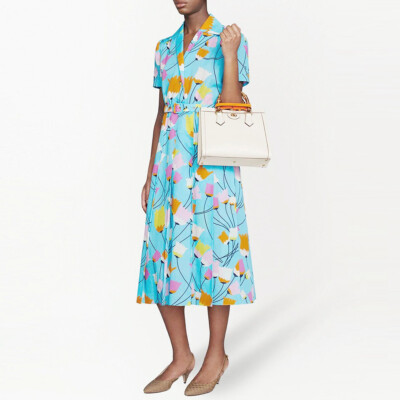 GUCCI ‎657935ZAGVN Tulip Print Pleated Midi Dress Cotton Linen