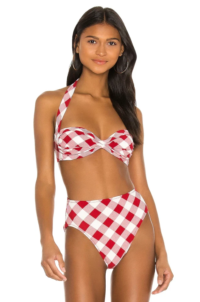 Conjunto de bikini Norma Kamali rojo a cuadros TOP & BOTTOM halter cintura alta Bill Bra XXS Foto 2 de 4