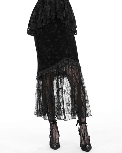 Dark In Love Dark Corporate Gothic Rose Velvet & Lace Pencil Skirt - Picture 6 of 13