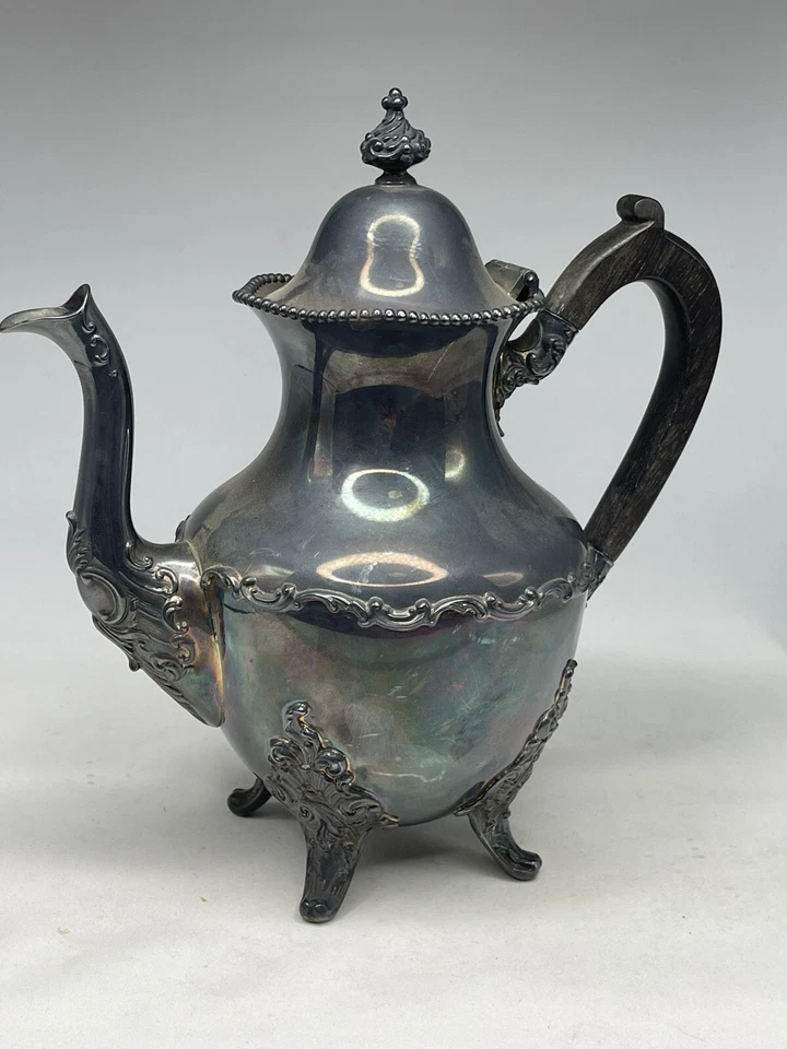 Tetera antigua vintage hecha y enchapada por Wallace Bros Silver Co barroca de madera Foto 4 de 4