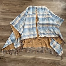 Poncho Shrug Women OS Baby Blue Cream Plaid Fringe Cozy Warm Fall