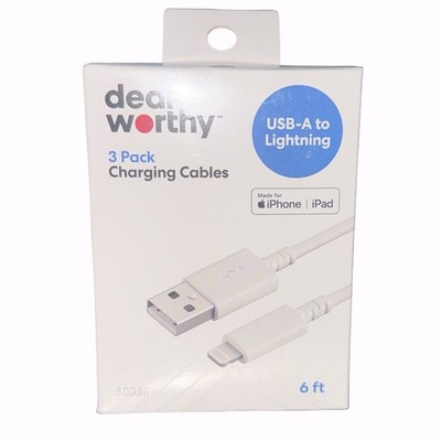 deal worthy 3 Pack USB-A to Lighting Charging Cables 6 FEET Length ~ New In Box