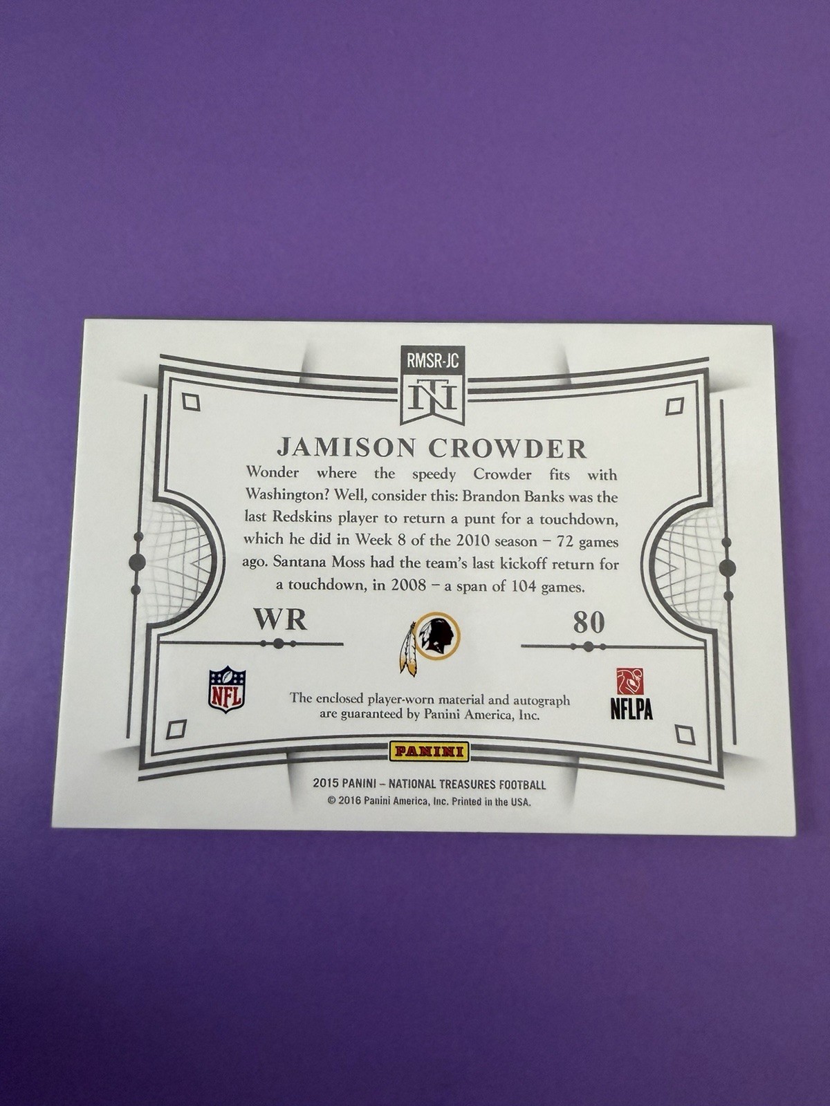 2015 National Treasures Jamison Crowder Holo Gold Rookie Patch Auto 3/10 SKINS view 4
