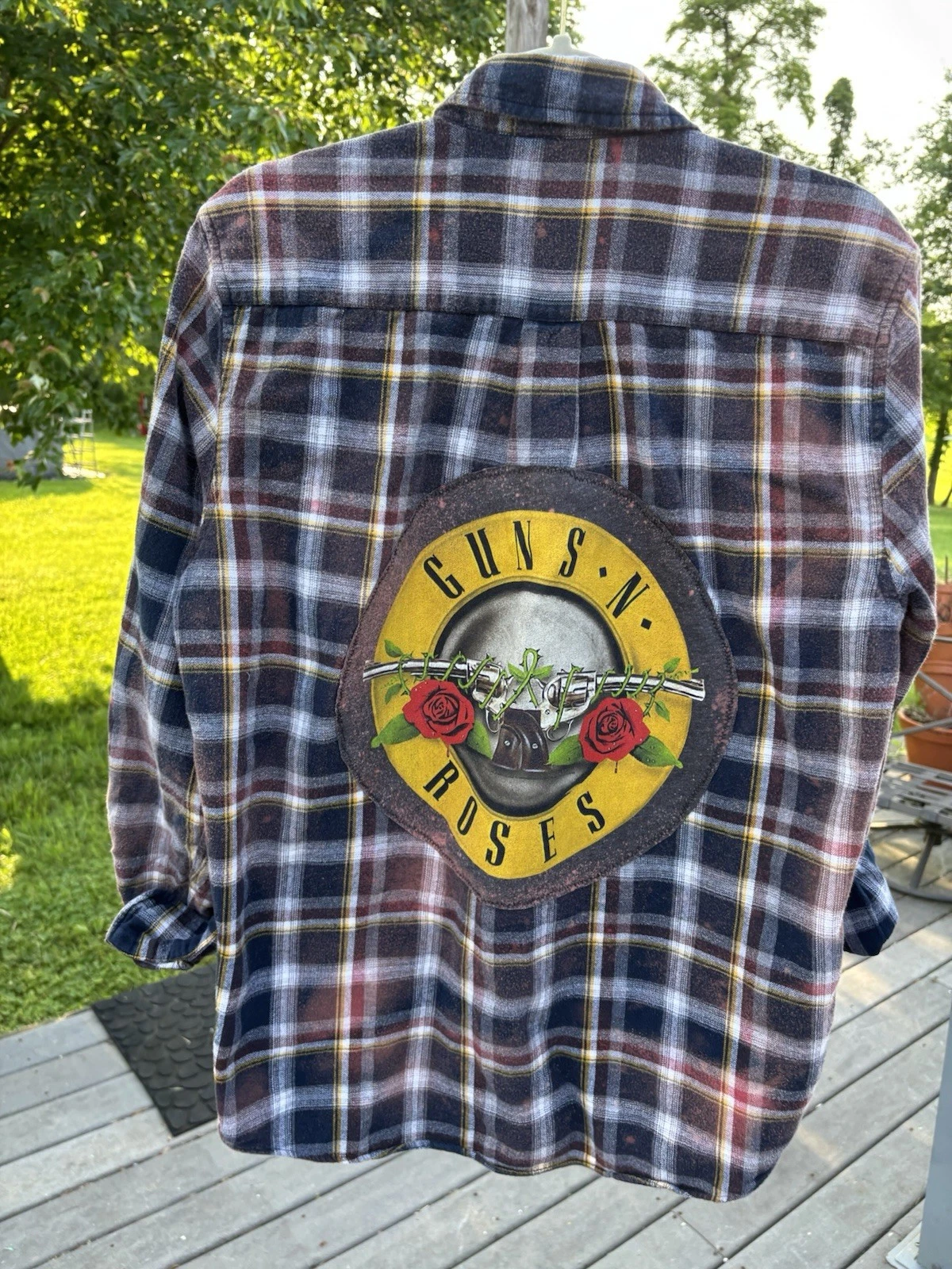 Upcycled GUNS N ROSES Flannel Shirt Plaid Unisex St Johns Bay Medium Grunge SOFT