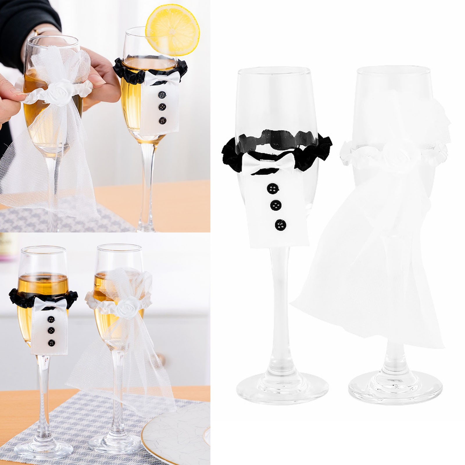 1Set Bride and Groom Wine Glasses Covers Wine Bottle Dress-Up Weddings Gift