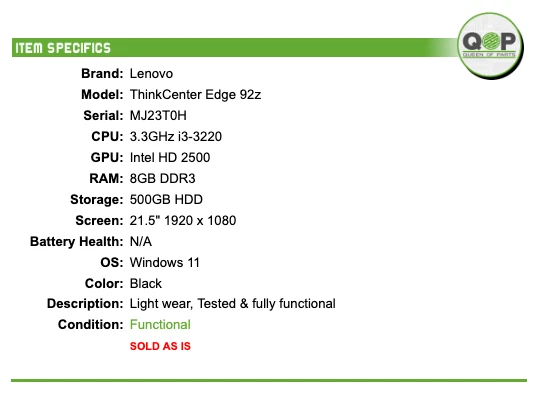 Lenovo ThinkCenter Edge 92z - 21.5" FHD, 3.3GHz i3, 8GB RAM, 500GB HDD, Win 11 - Image 2 of 4