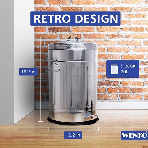 Step Trash Can with Lid and Pedal, Retro Metal Garbage Bin, for Bathroom, Kit... - Picture 3 of 6