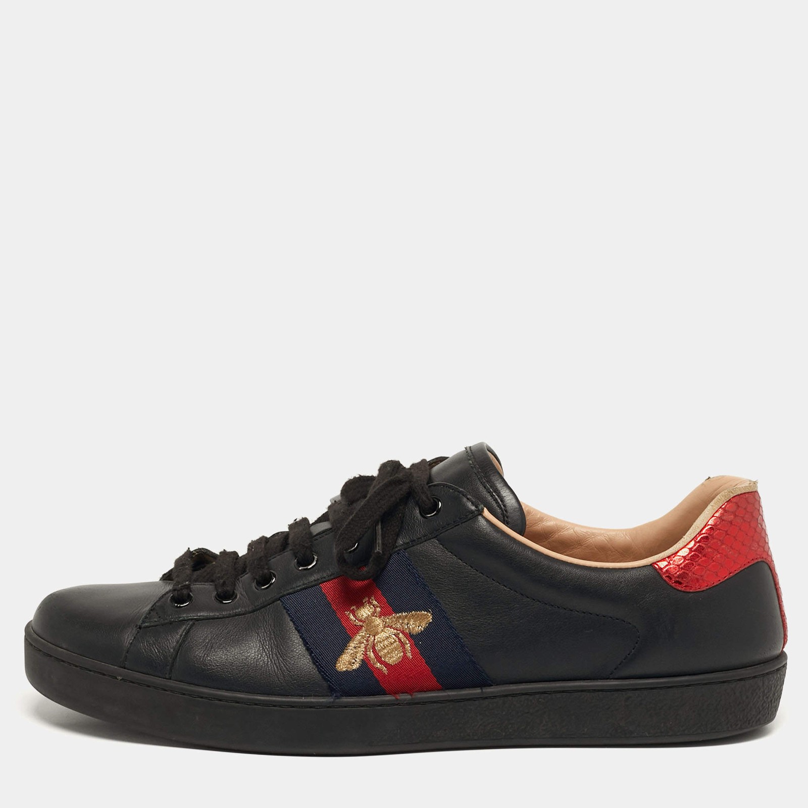 Gucci Ace Size 43 Black Python Embossed and Leather Web Low Top Sneakers