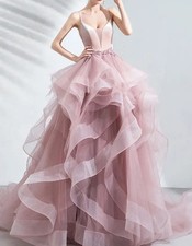 Pink Sleeveless Evening Dress with Train - Elegant Strap Wedding Dress