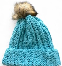 Crochet Ribbed Beanie With Faux Fur Pom Pom - Adult Size Aqua
