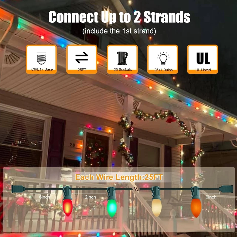 C9 Luces de Navidad Exterior 25 ft Vintage Navidad C9 Incandescente Multicolor Foto 2 de 4