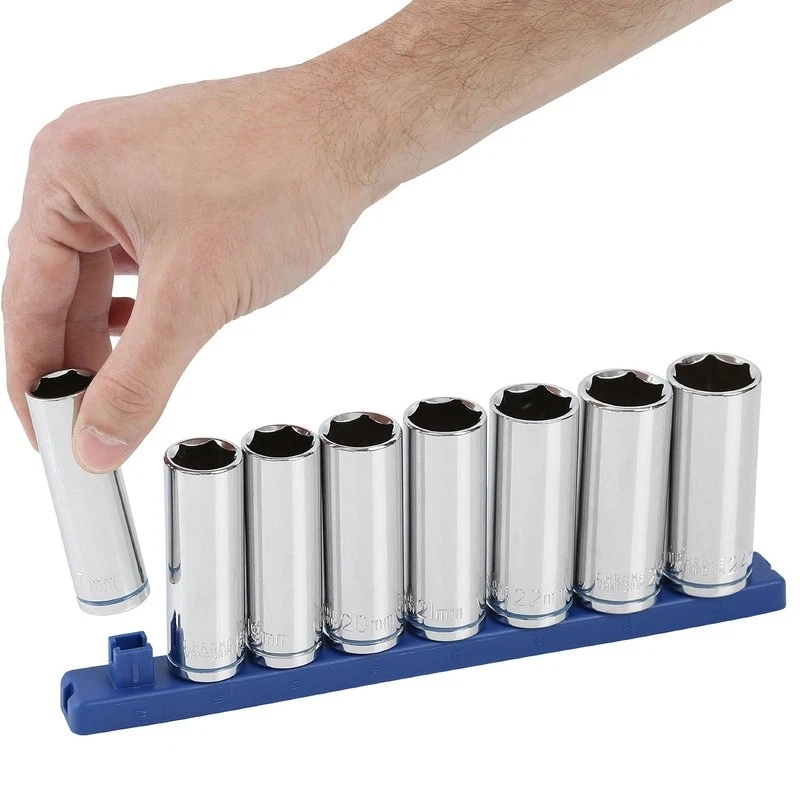 9-Piece Metric Deep Sockets Set Drive 12pt Chrome Vanadium Steel W/ Rail New - Image 4 of 4