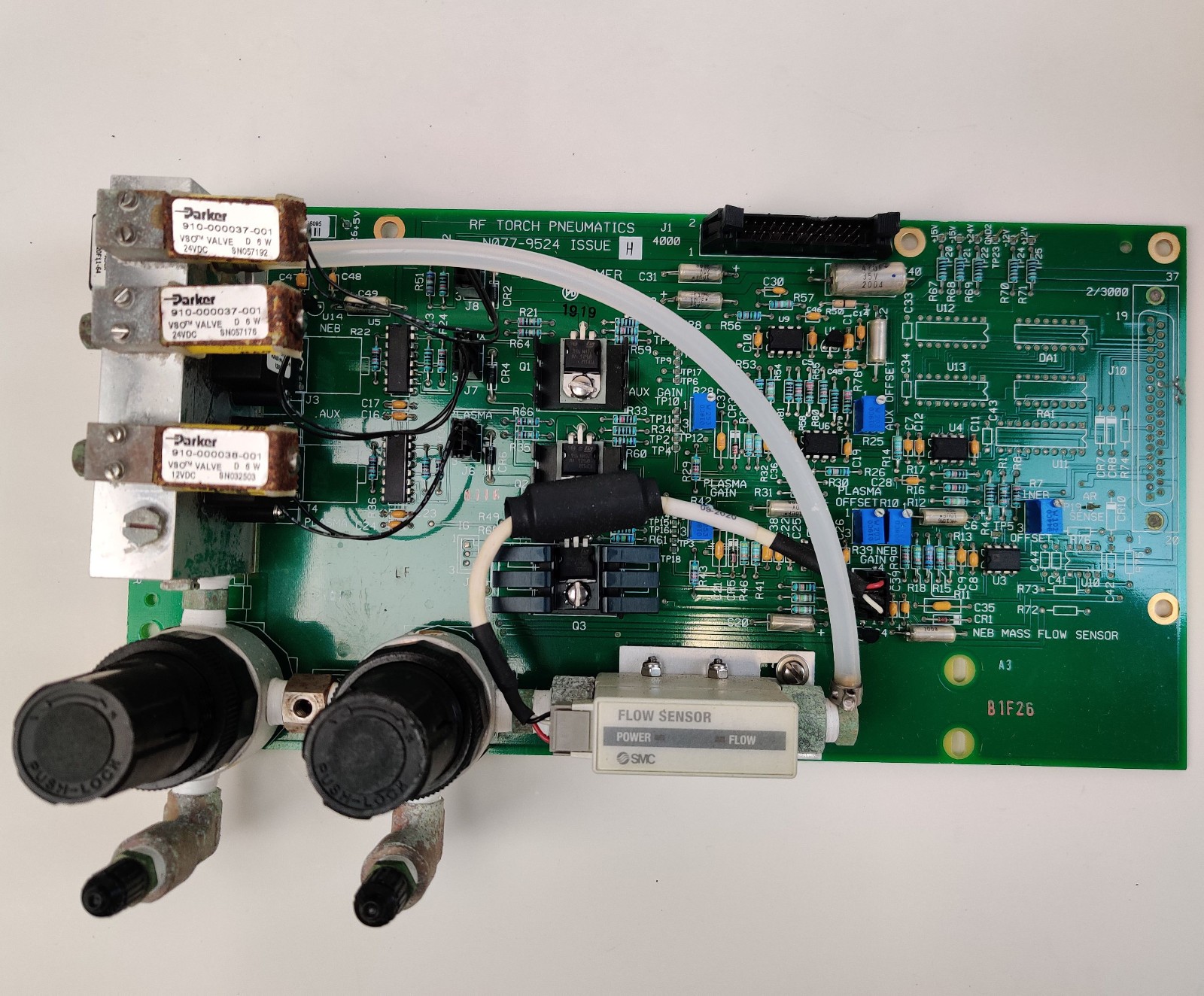 PerkinElmer N0779524 issue H RF Torch Pneumatics PCB w SMC PFM510-N01-1 Sensor