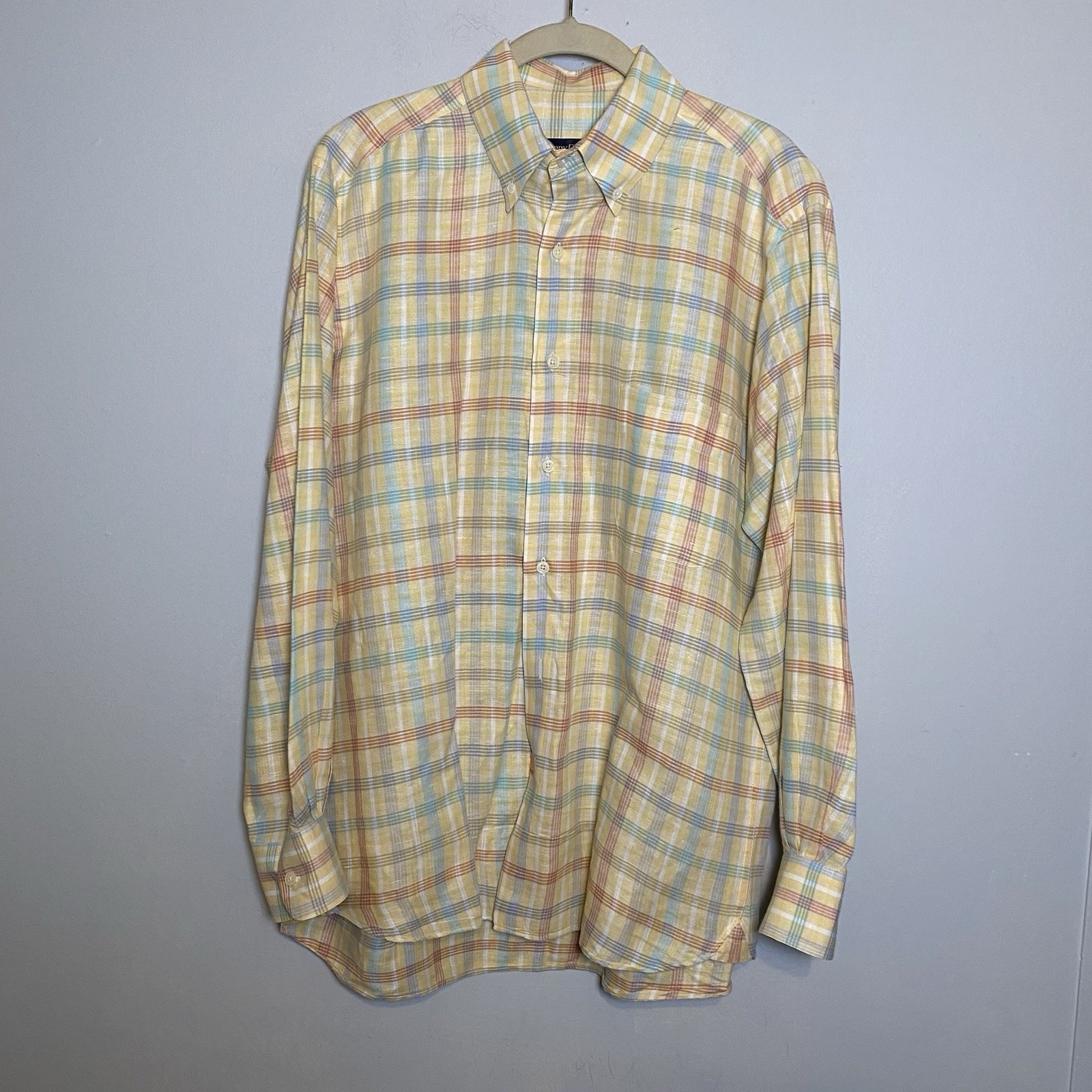Barry Bricken Linen Blend Button-Up Men's Shirt Plaid Long Sleeve Sz M