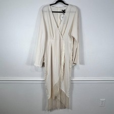 Boohoo Faux Wrap Dress Fringe Ivory Cream Long Sleeve Women's 14 NWT