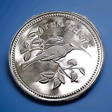 1974 BELIZE  Long-tailed HERMIT BIRD Proof Silver 10 Cents Coin Mintage: 31,000