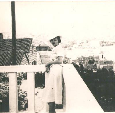 Vintage Photo 1930s Elegant Young Woman in White Dress Hat on Balcony Coastal