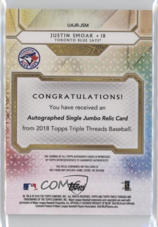 2018 Topps Triple Threads Single Jumbo Relics Emerald /50 Justin Smoak Auto - Image 2 of 2