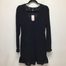 Wild Fable Womens A Line Dress Black Stretch V Neck Long Sleeve Ruffle M New
