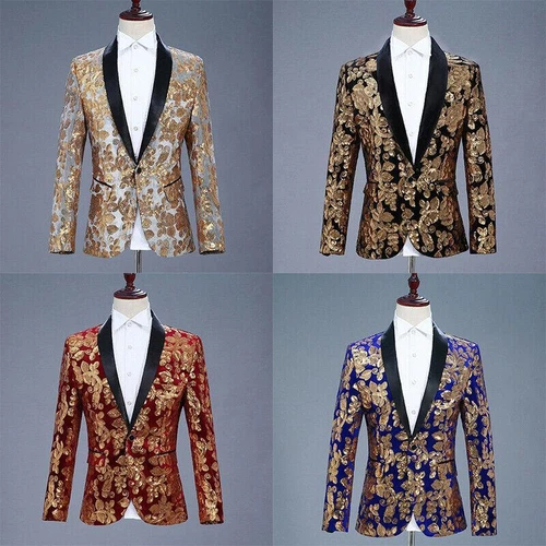 Men Sequin Shawl Lapel Suit Jacket Velvet Floral Blazer Wedding Prom Coat Tops - Picture 3 of 21