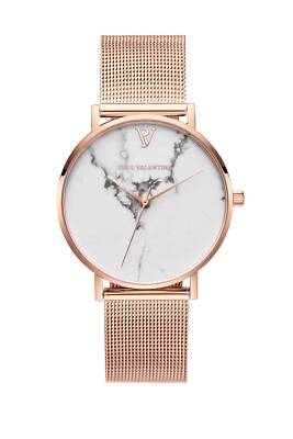 Paul Valentine Damen Armbanduhr WHITE MARBLE ROSE GOLD MESH 38 MM PV381011