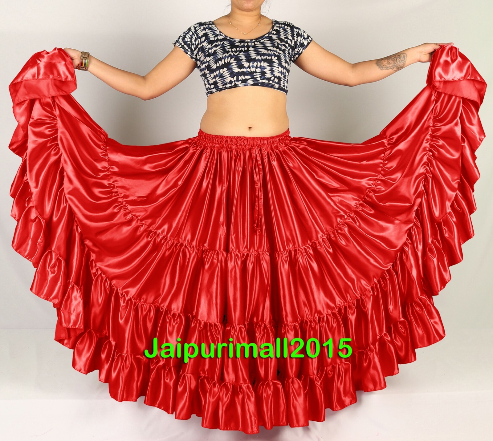 Falda Roja Satinada 25 Yardas 4 Niveles Tribal Danza del Vientre Gitana Flamenco Gótico Falda