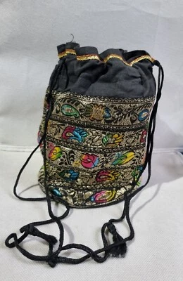 Ethnic Embroidered Drawstring Bag, Made In India, Black ,Gold ,Multicolour