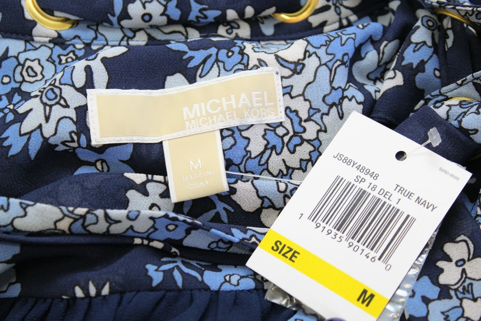 NWT Michael Kors Blue Floral Tie Neck Pussybow Shift Dress Size M Spring Button