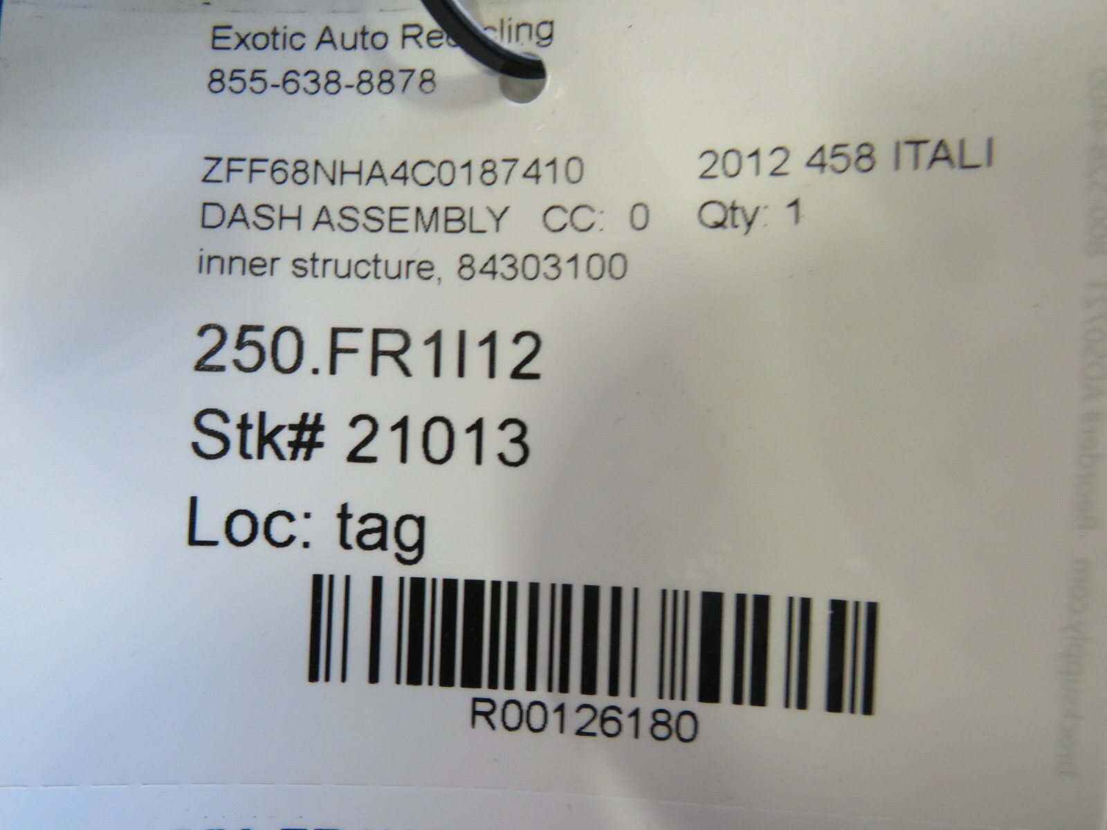 Ferrari 458 Italia, Spider, Dash Assembly, Inner Structure, Used, P/N 84303100
