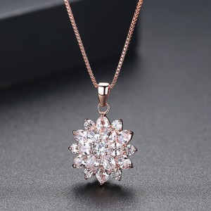 Authentic Gold Plated AAA Cubic Zircon Crystal Long Necklace Flower Bride Pendant Chain