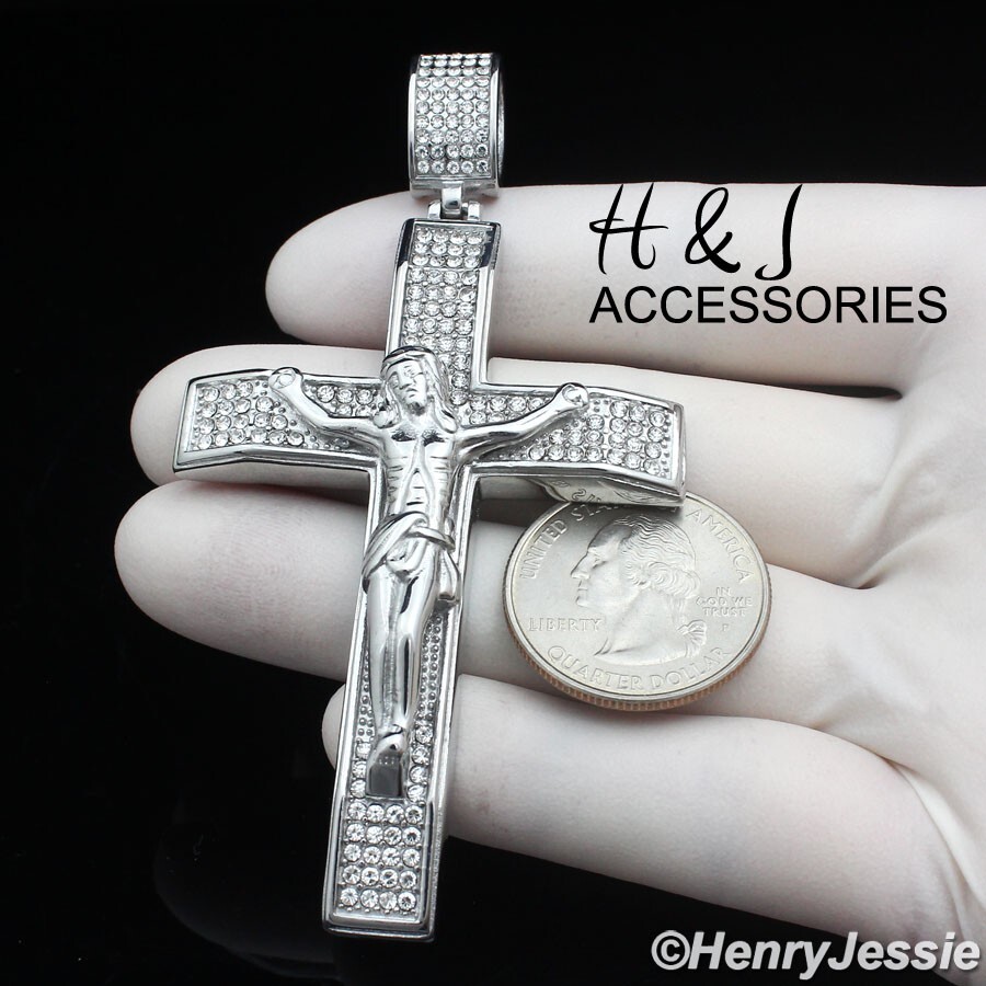 MEN STAINLESS STEEL ICY BLING CZ SILVER 3D BIG JESUS CHRIST CROSS