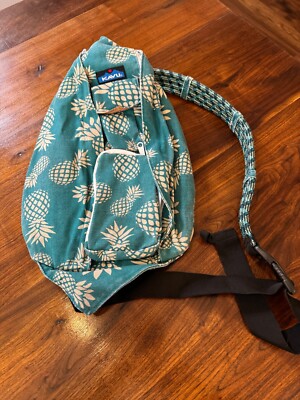 Kavu Rope Sling Bag Teal with Pineapple Print Multiple Zippered