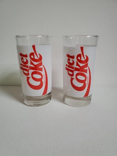 VTG Diet Coke Drinking Glasses 5.5" Tall Set Of 2 Clear with White & Red Design