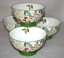 Potter’s Studio Christmas Holiday Floral & Bird Footed Cereal Bowls Set of 4 New