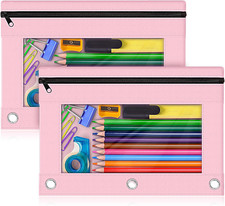 Pencil Pouch for 3 Ring Binder, 2 Pack Pencil Bags with Zipper, Pink Pencil Case