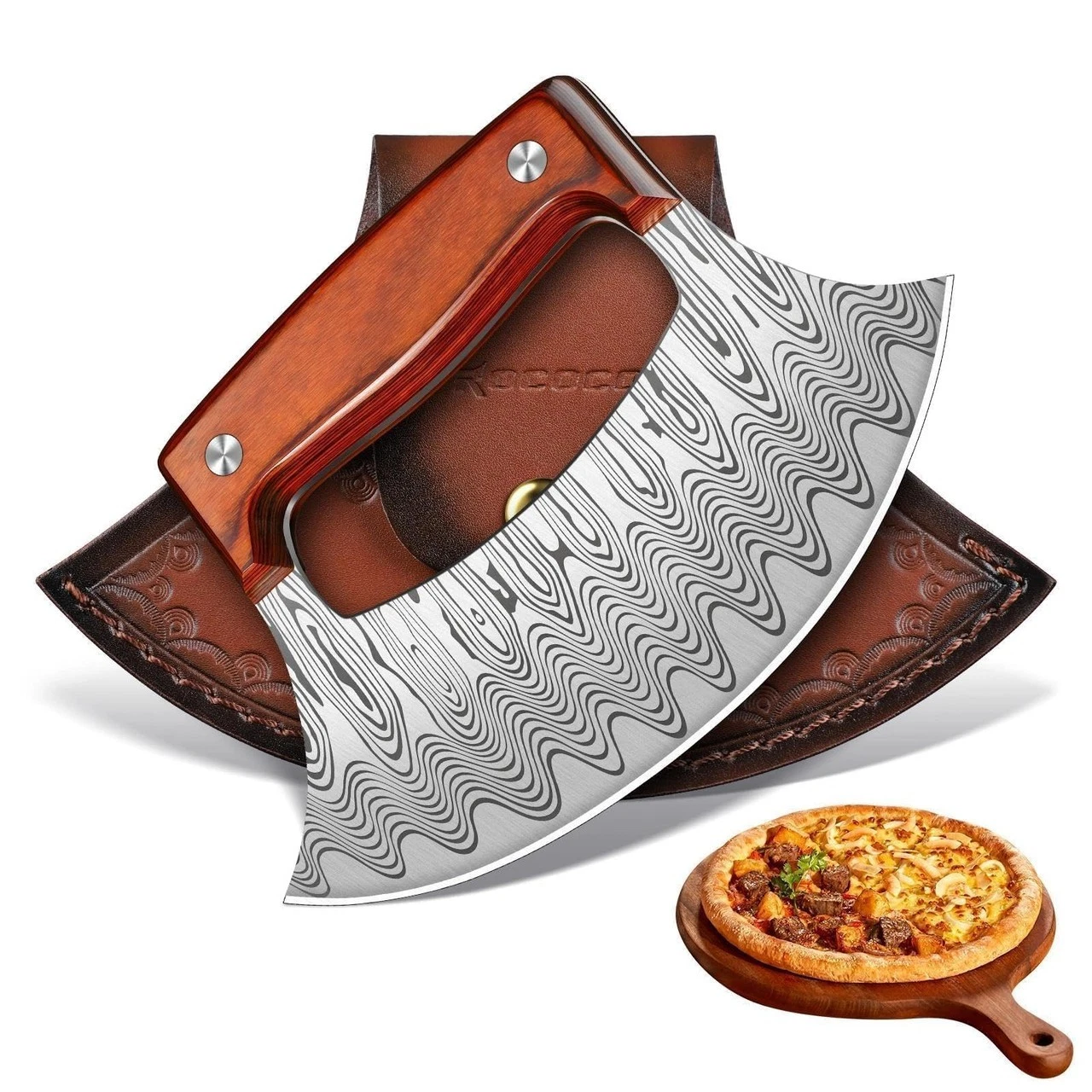 ROCOCO Pizza Cutter Ulu Knife – Full Tang Mezzaluna Rocker Chopper with Sheath f