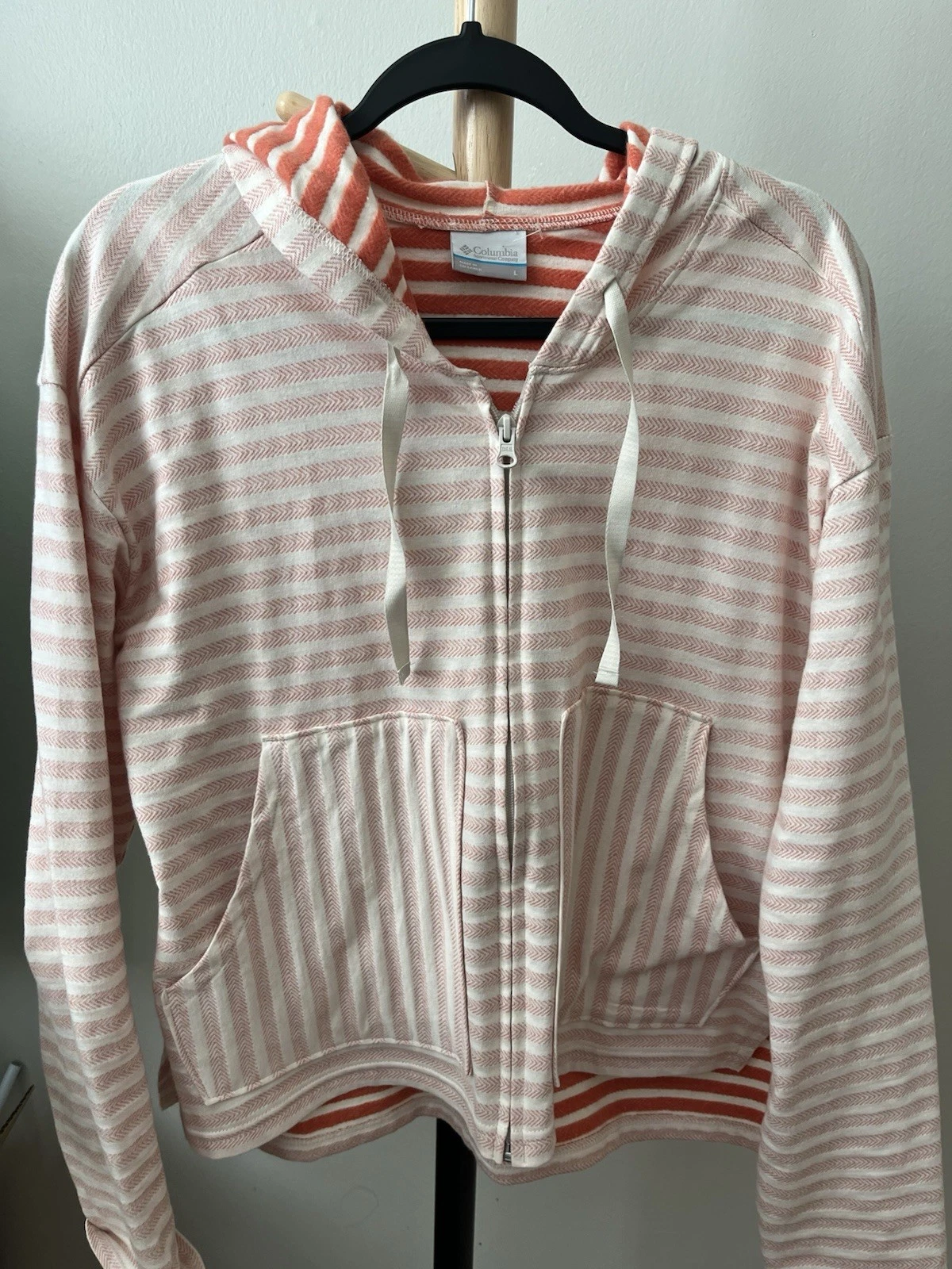 Columbia Womens Size L Short Jacket Full Zip Hoodie Orange Salmon Stripe Light