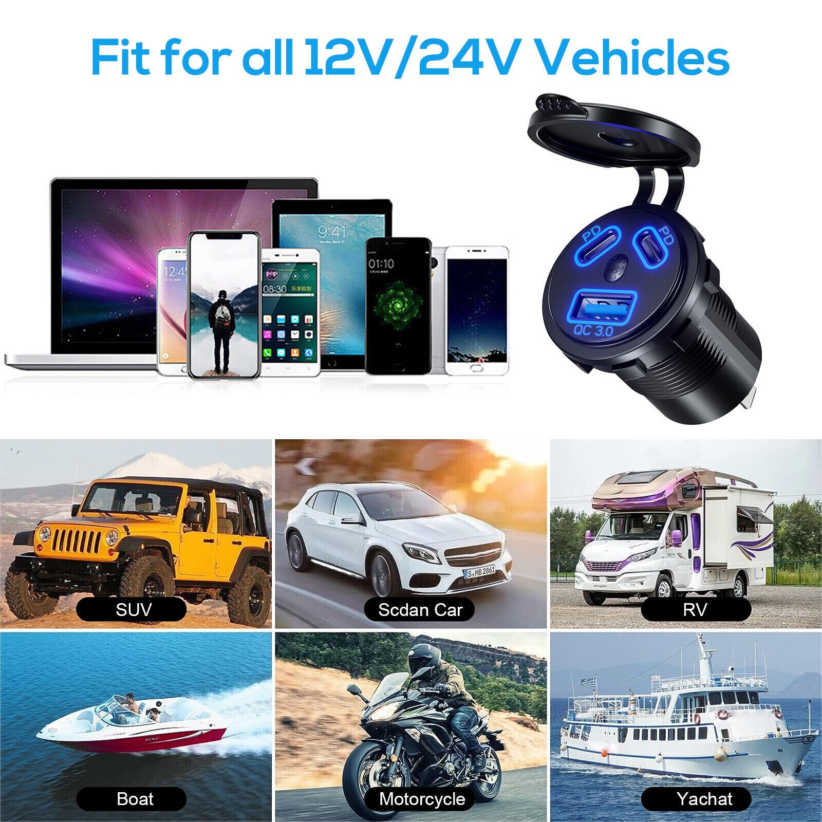 12V/24V Dual PD+QC 3.0 USB Port Car Cigarette Lighter Socket Plug LED Indicator