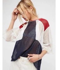 Free People We The Free Dakota Mesh Tee Size S Red White Blue Boxy Semi Sheer